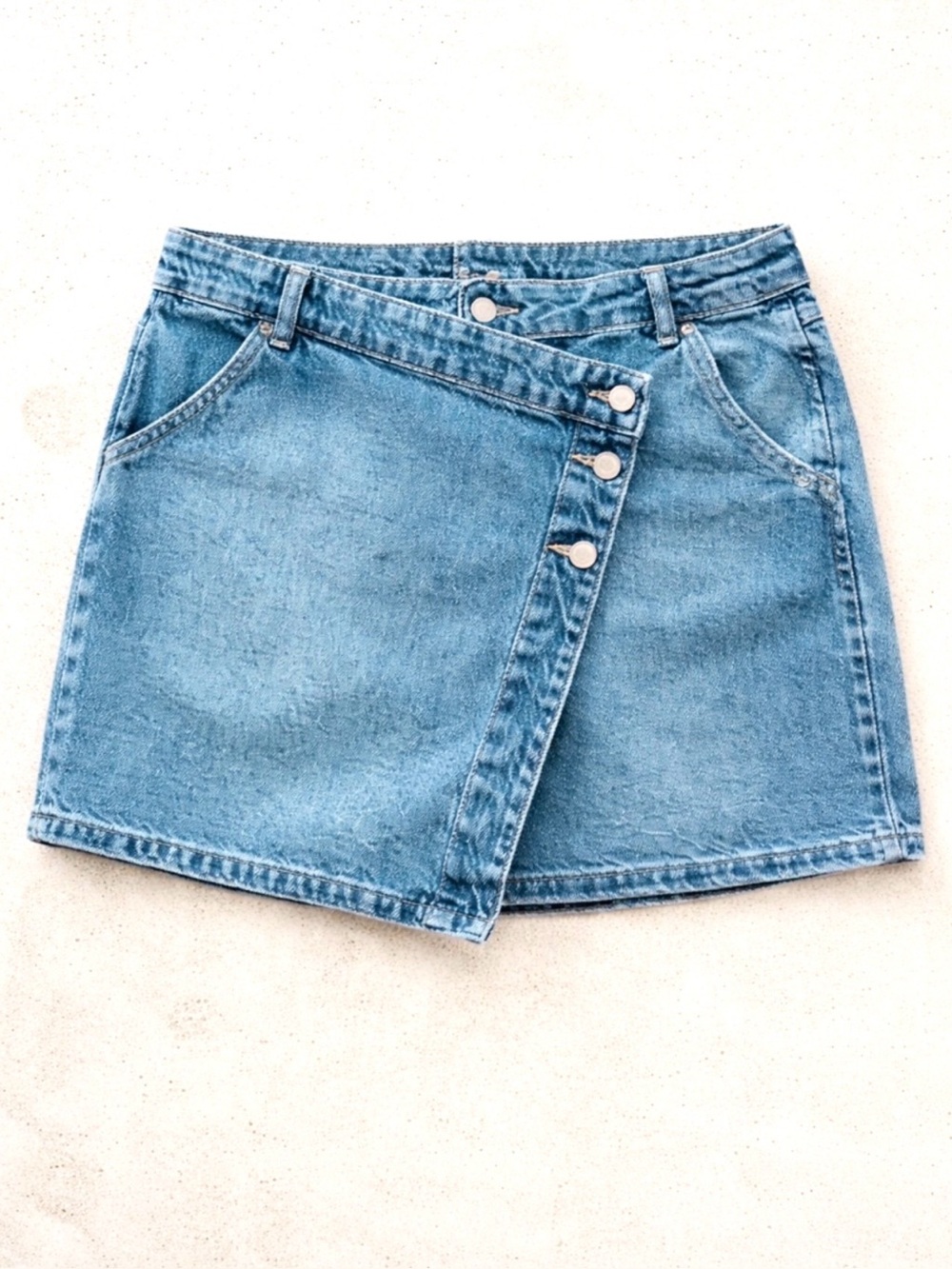 Free People Denim Wrap Mini Skirt Asymmetrical Button Front Blue Size 29